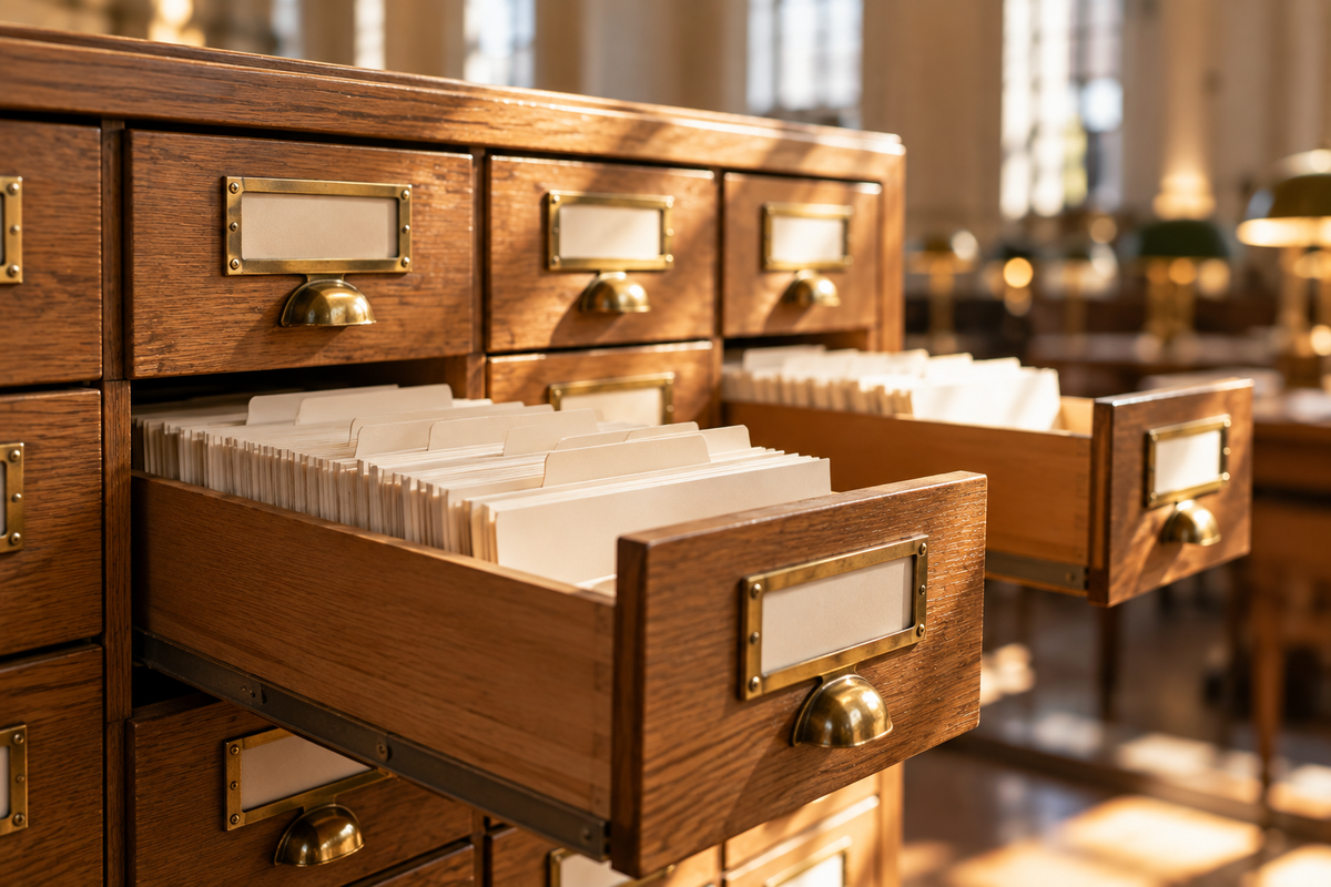Tiroirs ouverts d'un meuble à fiches de bibliothèque, remplis de fiches cartonnées