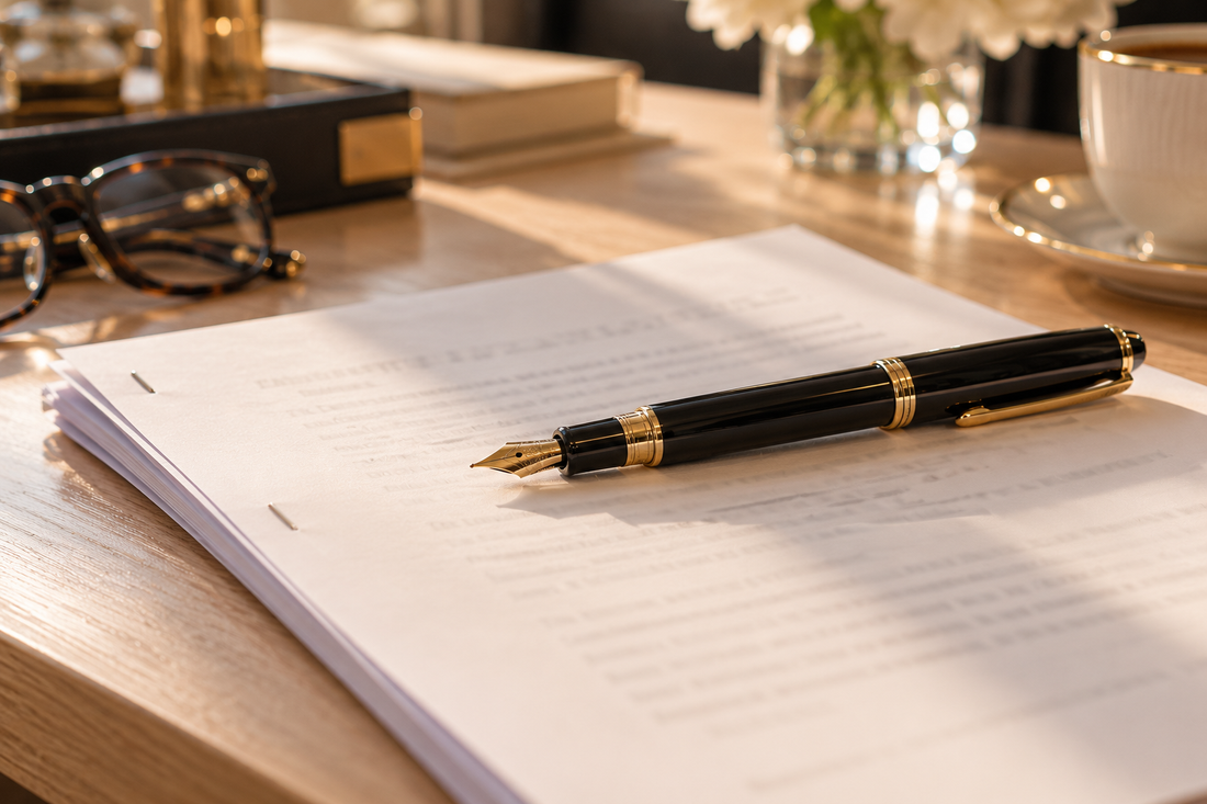  Stylo plume posé sur un document imprimé, à côté d'une paire de lunettes