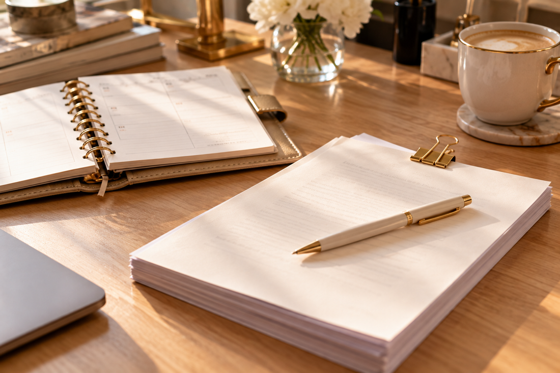 Agenda ouvert et manuscrit posés sur un bureau