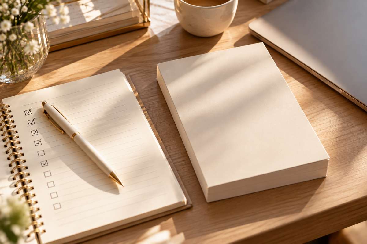 Liste de contrôle manuscrite et stylo posés à côté d'un livre broché