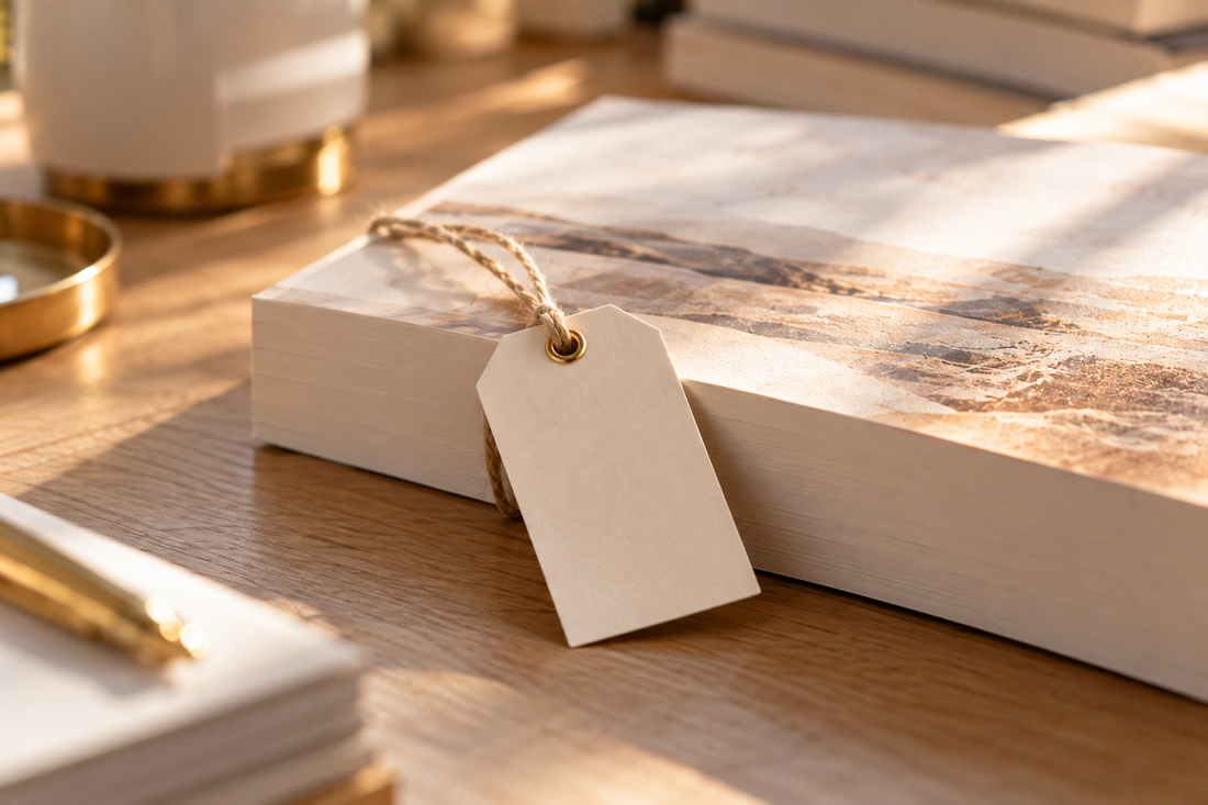 Étiquette de prix vierge attachée à un livre broché