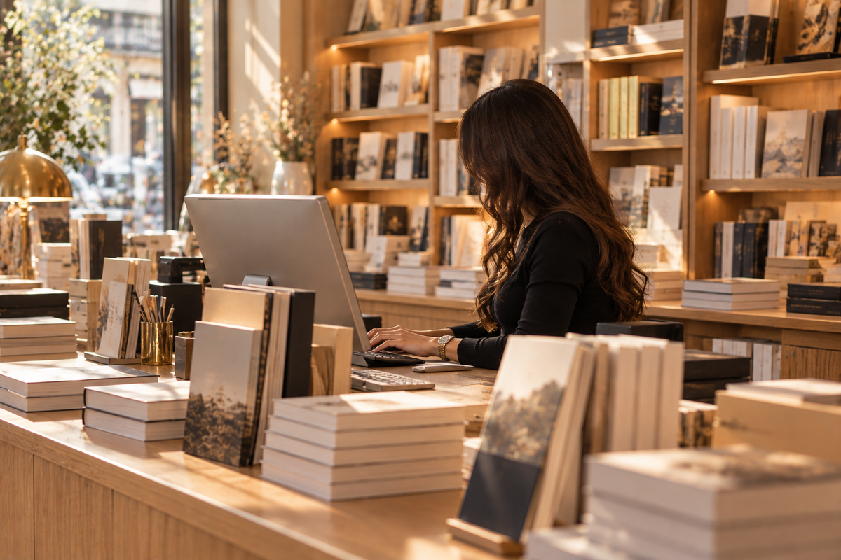 Libraire consultant son écran derrière le comptoir de sa librairie