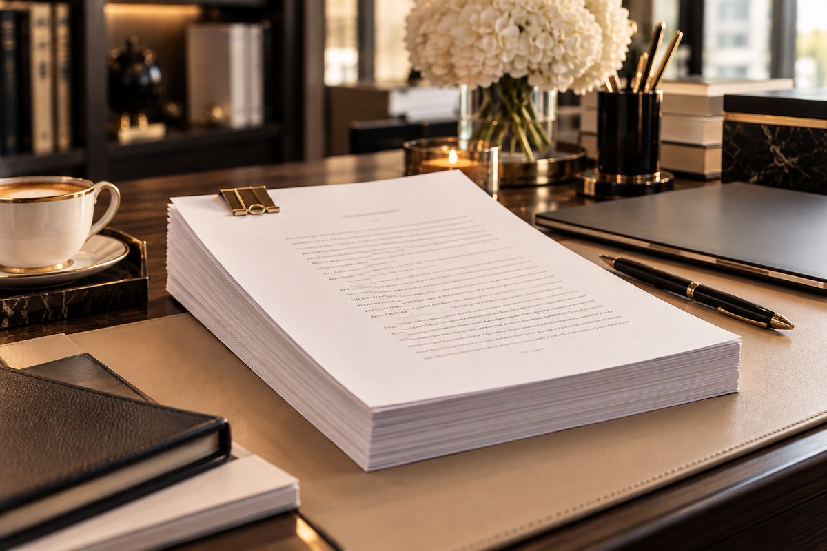 Manuscrit terminé posé sur un bureau